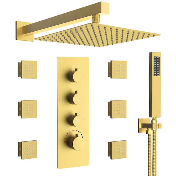 EVERSTEIN 7-Spray Patterns Thermostatic 12 in. Wall Mount Dual Shower Heads with 6-Jet in Brushed Gold (Valve Included)