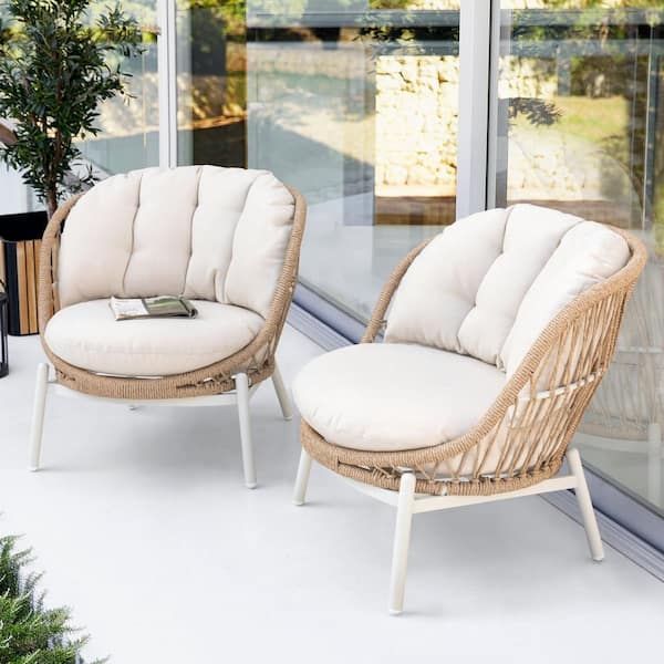 White Aluminum Rattan Outdoor Single Recliner Sofas with Beige Cushions (2-Pack)
