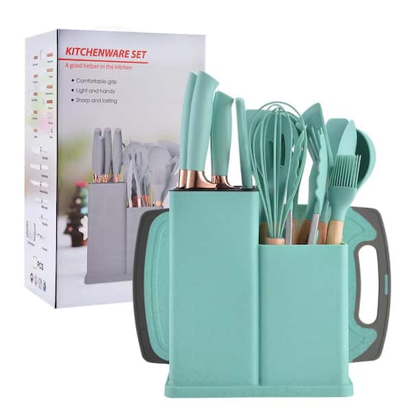 19-Piece Kitchen Utensils and Knife Set with Block, Includes Silicone Cooking Tools, Stainless Steel