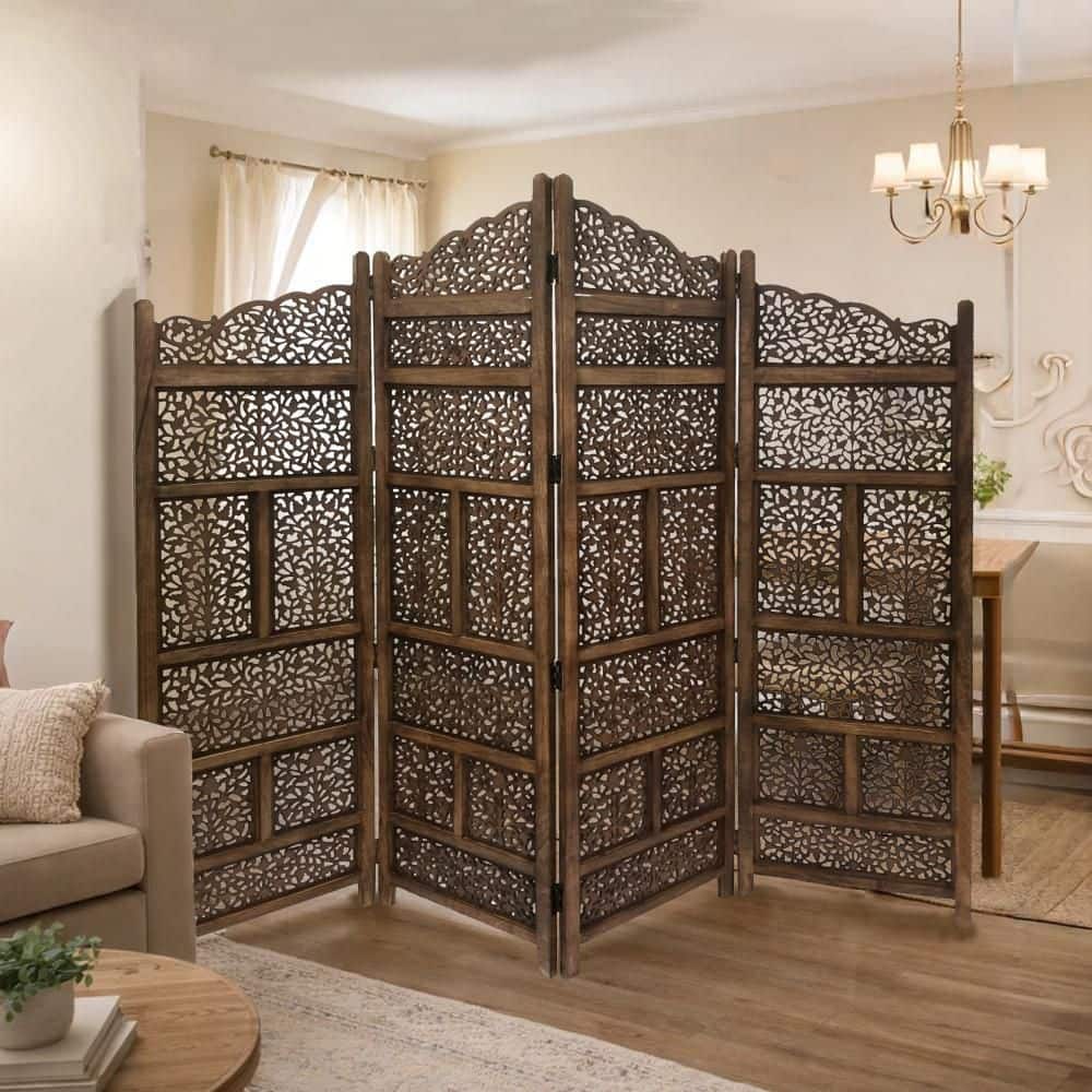 Brown Hand Carved Foldable 4-Panel Wooden Partition Room Divider