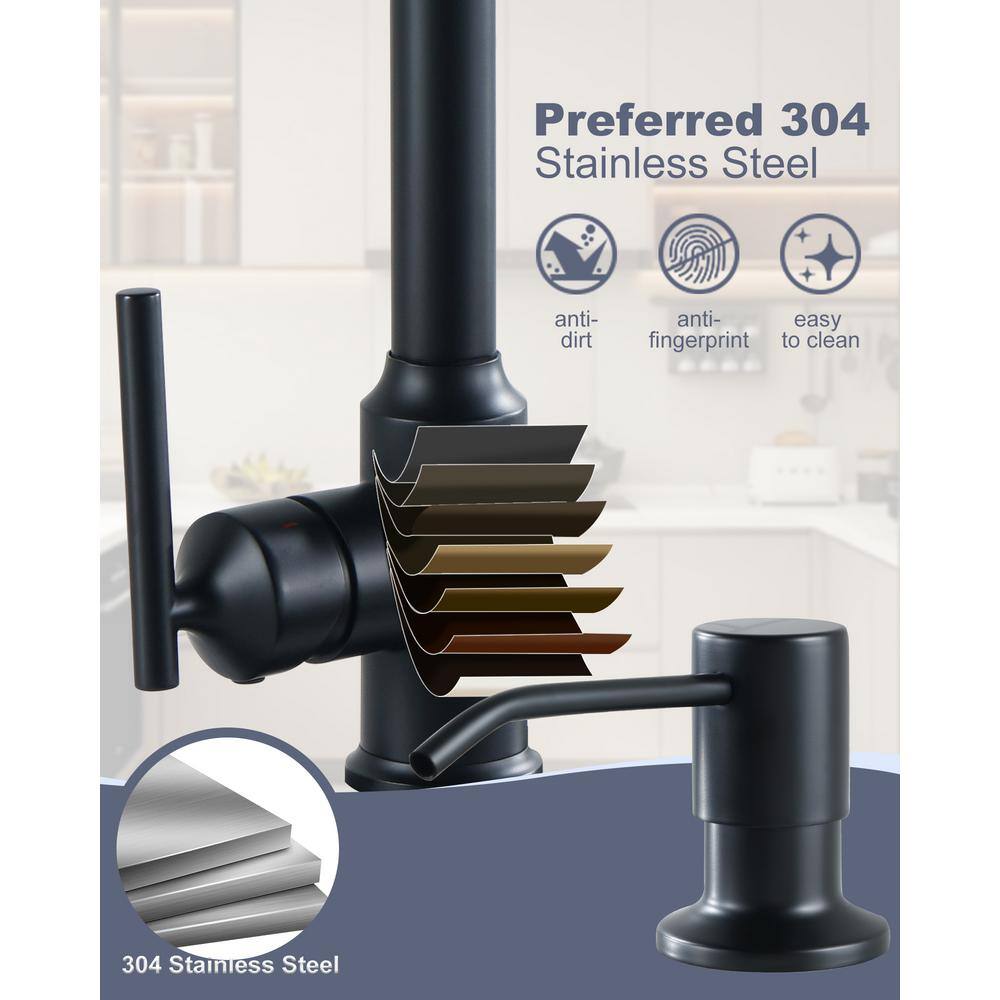 Matte Black Stainless Steel Pull-Down Kitchen Faucet with Soap Dispenser