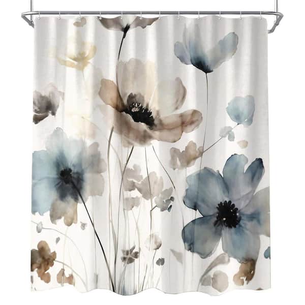 Boho Floral Shower Curtain 72 x 72 inch Cream Tan Beige Blue Grey Watercolor Fabric Set with Hooks Farmhouse Decor