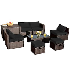 8-Piece All Weather PE Wicker Garden Outdoor Patio Conversation Sofa Set with Black Cushions and Waterproof Cover