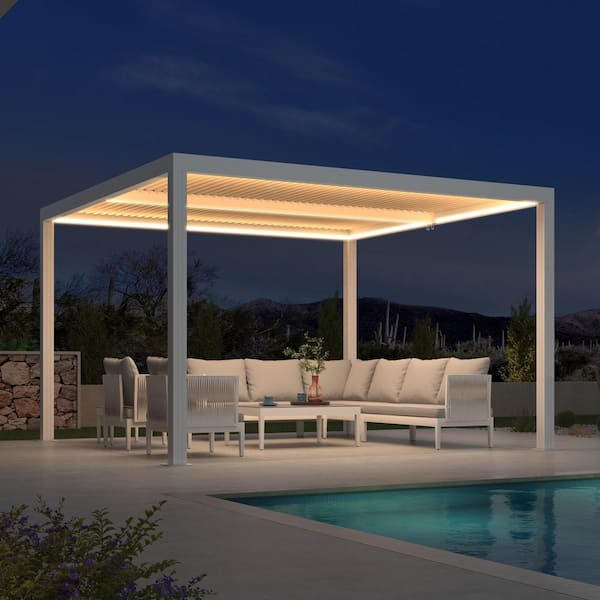 12 ft. x 12 ft. White Aluminum Frame Outdoor Louvered Pergola Gazebo with Adjustable Sunshade Roofs and LED Strip Lights
