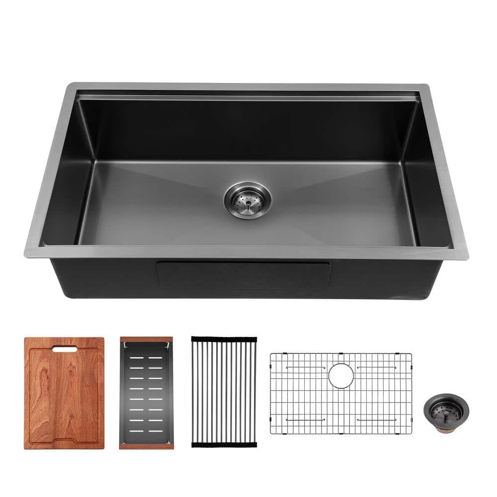 28 in. Undermount Single Bowl 16 Gauge Gunmetal Black Stainless Steel Workstation Kitchen Sink with Bottom Grid -  Sarlai, SUSCSB28R1