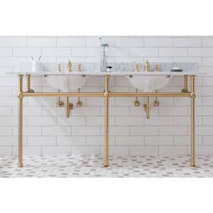 Embassy 72 in. Double Sink Carrara White Marble Countertop Washstand in Satin Gold PVD with P-Trap and Faucet