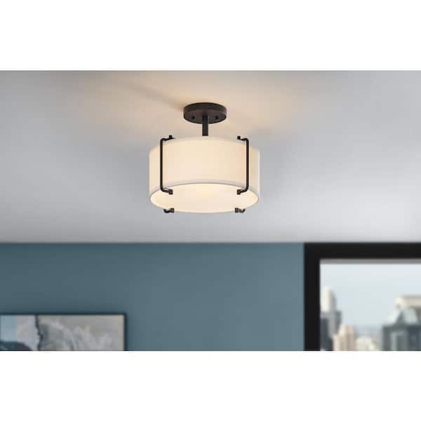 DSI LIGHTING Brookley 14 in. 2-Light Matte Black Modern Semi-Flush Mount with White Fabric Shade