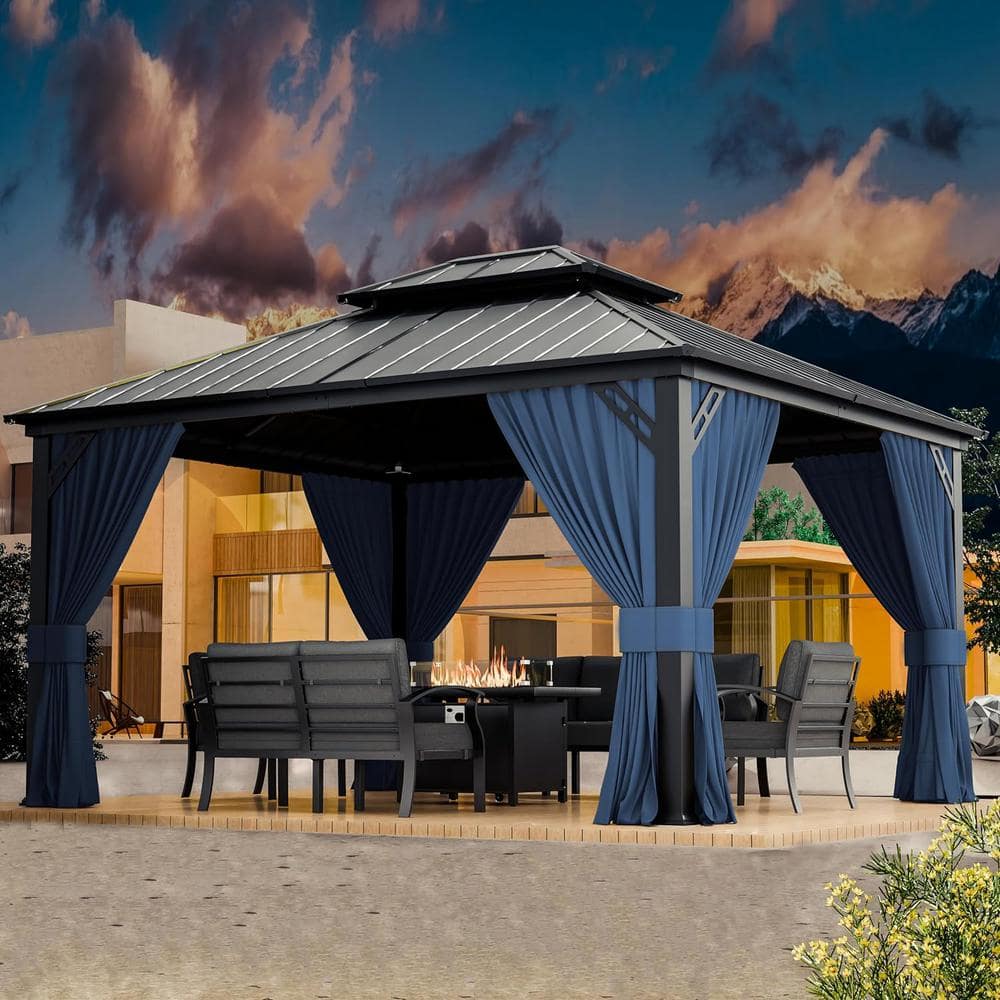 Halmuz 12 ft. x 14 ft. Gray Hardtop Gazebo with Curtain Navy