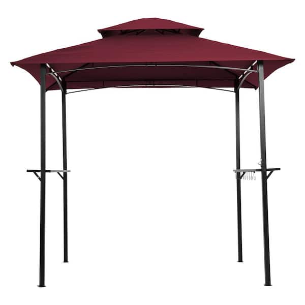 Flynama 8 ft. x 5 ft. Burgundy Outdoor Grill Gazebo Double Tier Soft Top Canopy and Steel Frame with Hook Bar Counters Light