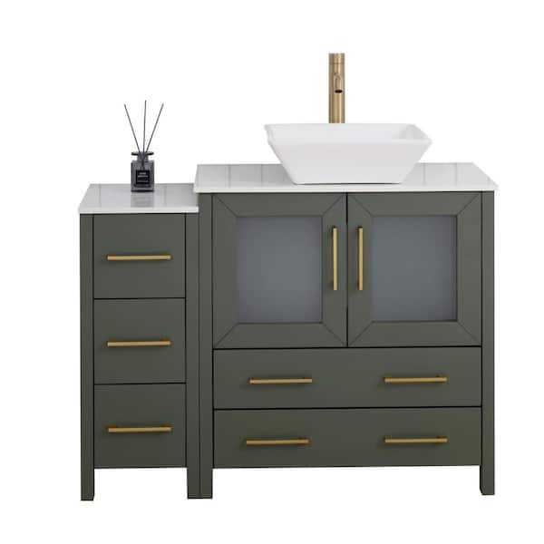 42 in. W Single Basin Vintage Green Bath Vanity with White Engineered Marble Top and Mirror