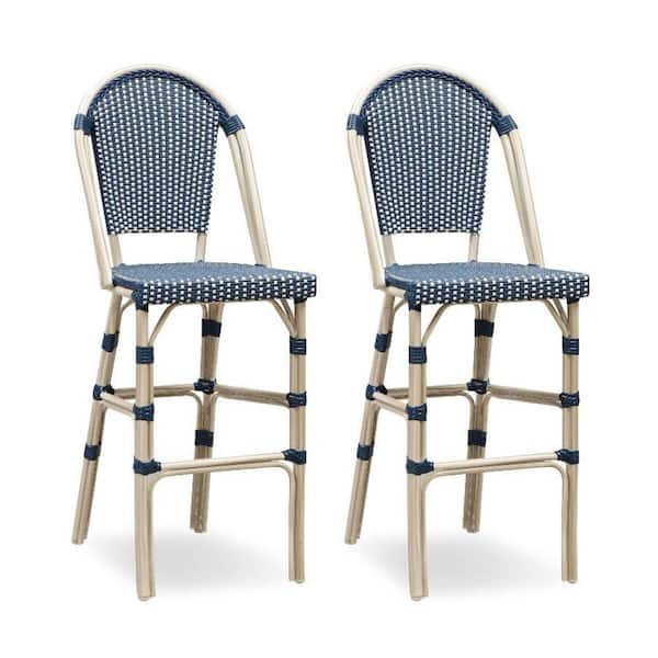 PURPLE LEAF French Stackable Wicker Outdoor Bar Stools Bar Height in Dark Blue (2-Pack)