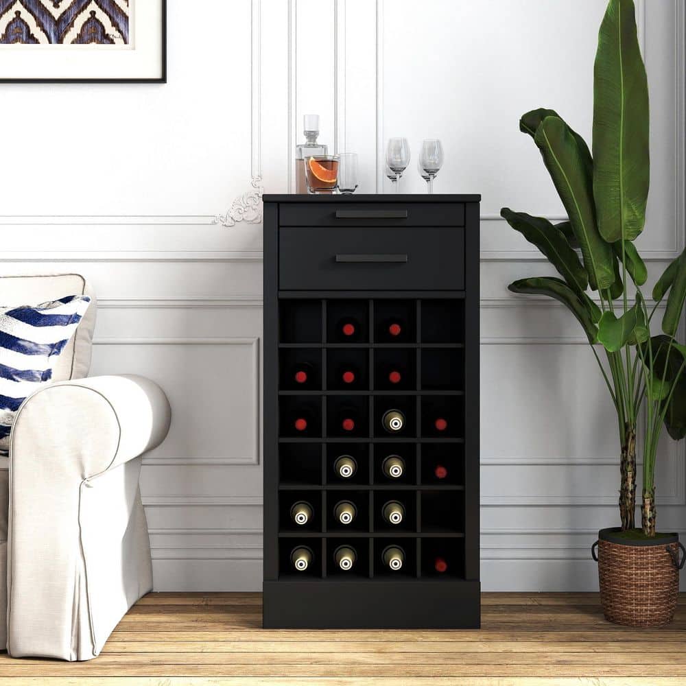 Black 28 Bottle 17.8 in. W Bar Cabinet with 2 Drawers