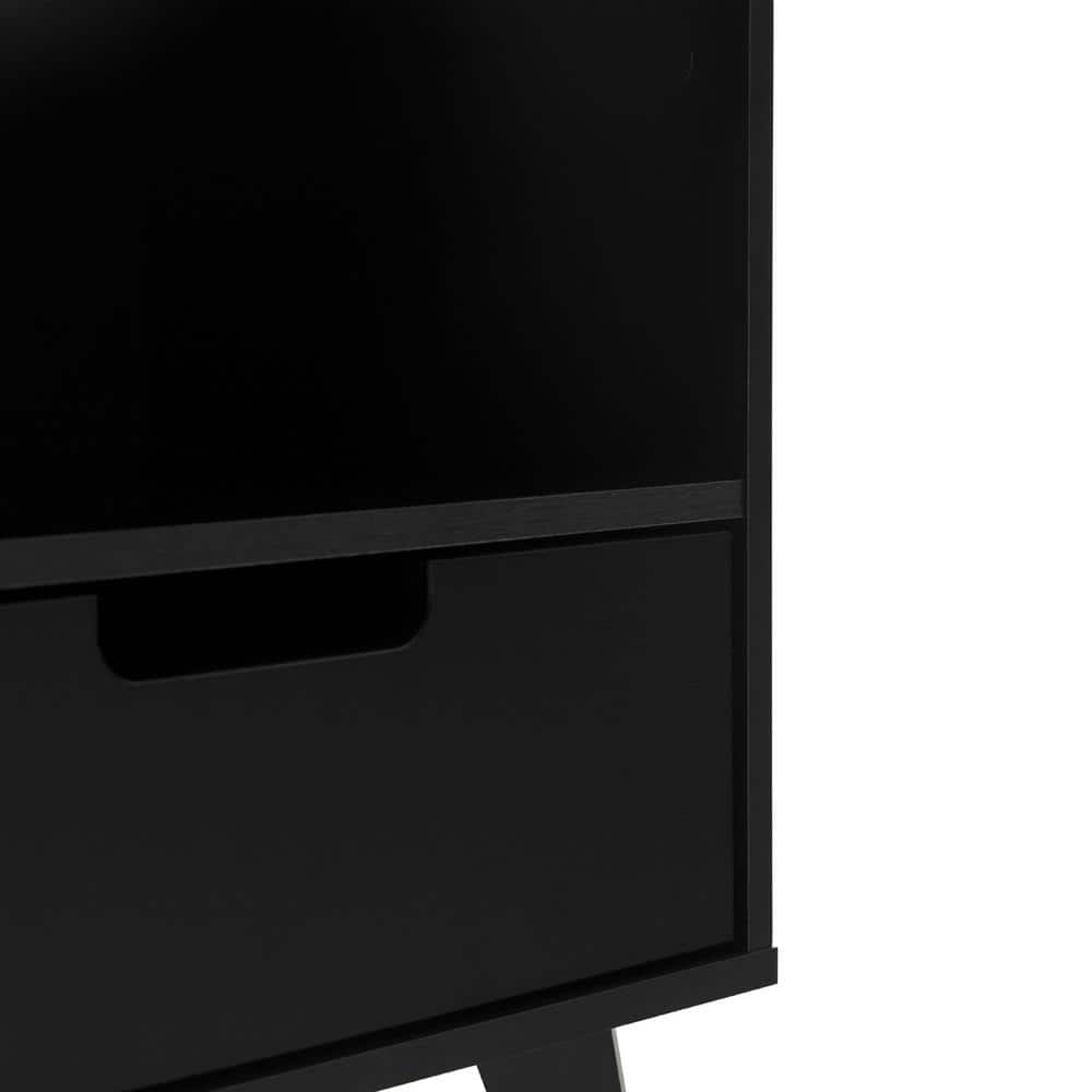 Black MDF 1-Drawer Nightstand with Open Cubby