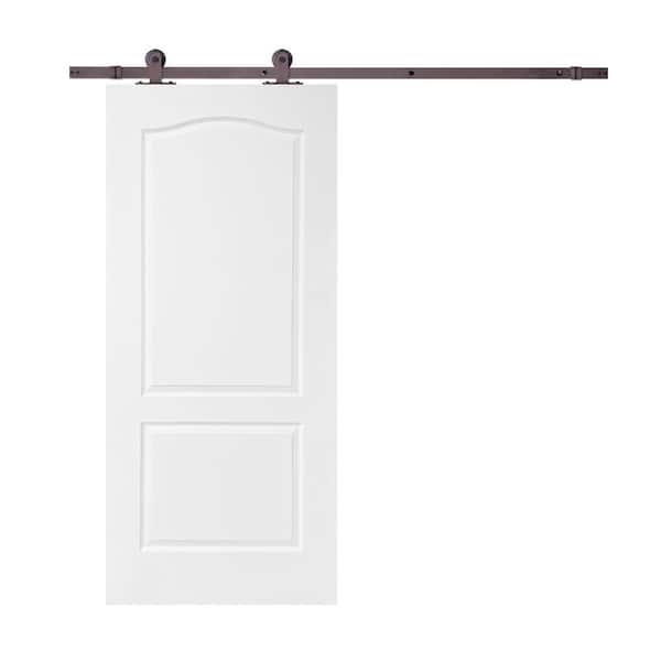 CALHOME 36 in. x 80 in. White Primed Composite MDF 2 Panel Arch Top Interior Sliding Barn Door with Hardware Kit