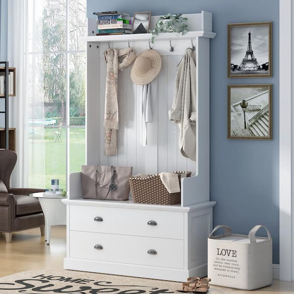 Nestfair 38.5 in. White Freestanding Hall Tree with 2-Large Drawers and 5-Metal Hooks