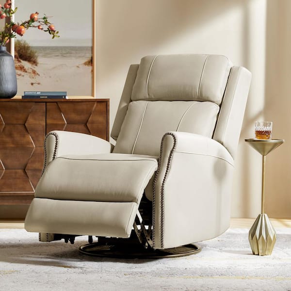Javier Beige 29.25 in. W Mid-century Modern Leather Swivel Rocker Power Recliner