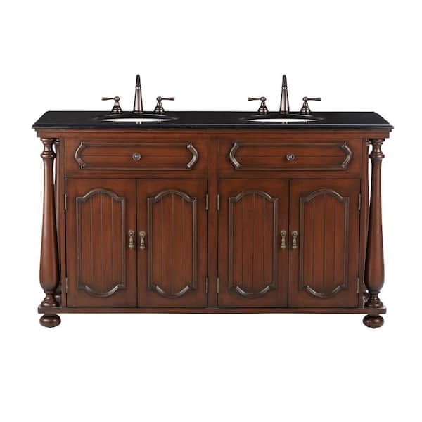 Home Decorators Collection Balstrade 60 in. W x 22 in. D Double Bath Vanity in Brown with Marble Vanity Top in Black