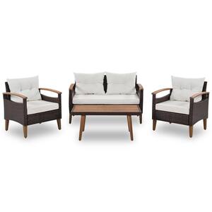 Garden 4-Pieces PE Rattan Patio Seating Conversation Set with Beige Cushions