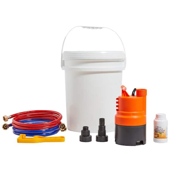 SKYSHALO Tankless Water Heater Flushing Kit, Includes Efficient Pump & 5 Gallon Pail, 2 Hoses, Descaling Powder, Wrench, Adapter