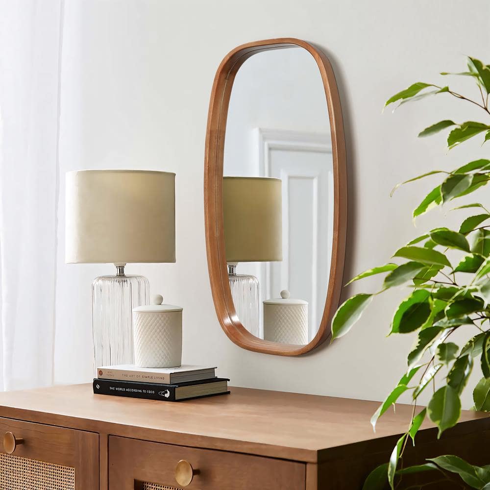 Natural Rubberwood Frame Rounded Rectangle Wall Mirror
