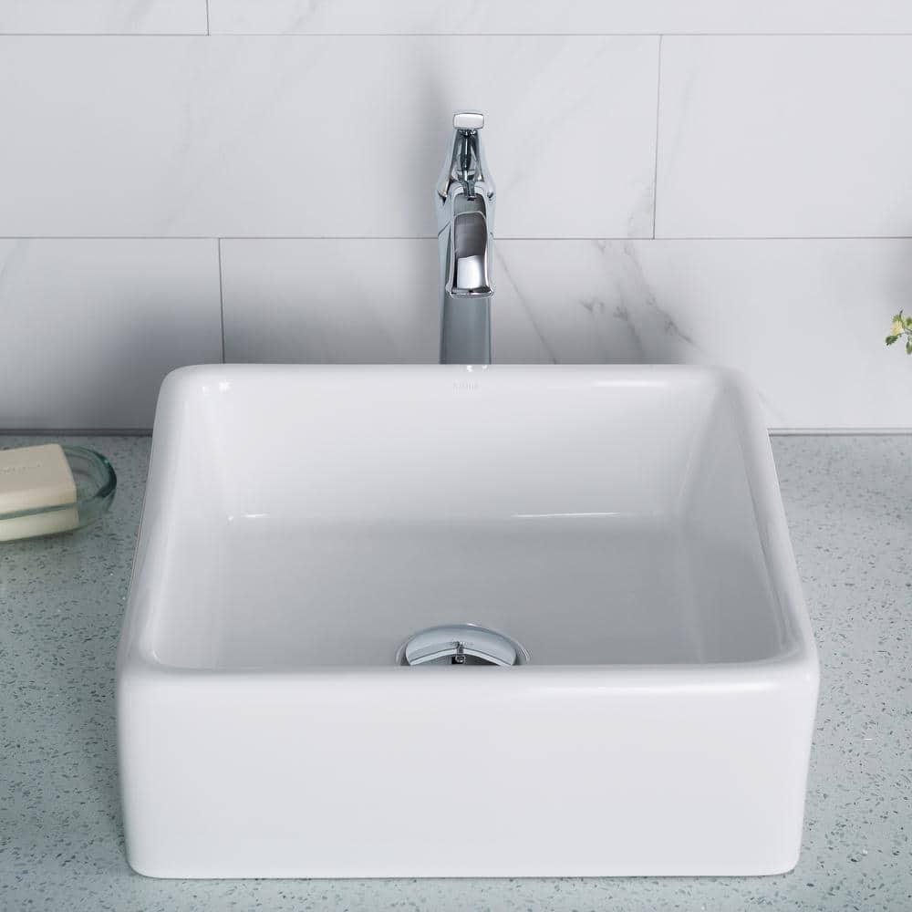 White Ceramic Square Vessel Bathroom Sink, 15-inch