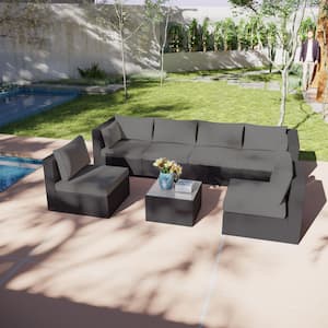 7-Piece All Weather Wicker 6-Seat Outdoor Sectional Sofa Set Patio Furniture Set and Coffee Table with Gray Cushion