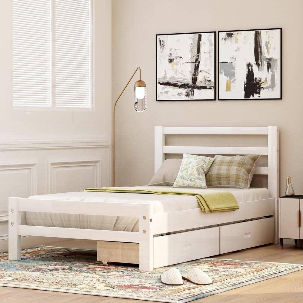 Harper & Bright Designs White Twin Wood Platform Bed with 2-Drawers  WF192971AAK - The Home Depot