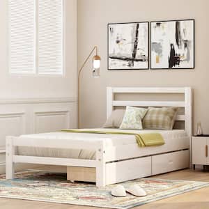 White Modern Twin Size Solid Wood platform bed with 2-drawers (75.7 in. L x 39.2 in. W x 33.2 in. H)