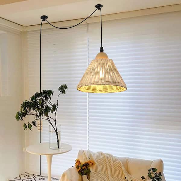 Zompoo Industrial 8.7 in. 1 Light Plug in Bamboo Shade Chandelier Pendant Light with 2 Bases and Switch, Adjustable Height