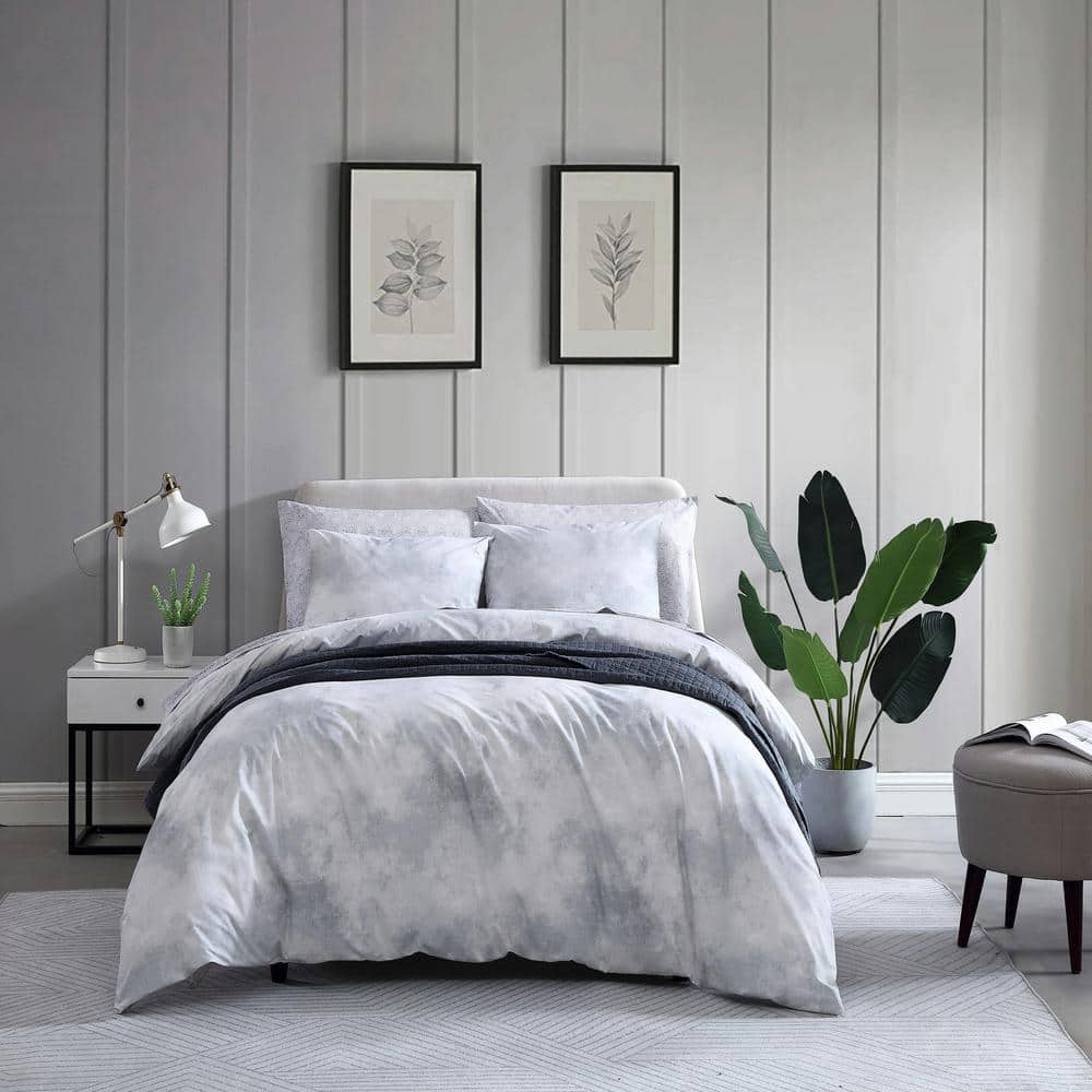 Gray and White Cotton Twin Duvet Cover Set