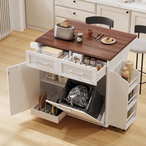 White Kitchen Cart with Removable Side Racks, Drop-Leaf, Trash Can Cabinet, Adjustable Shelf, Pull-out Divider Shelf