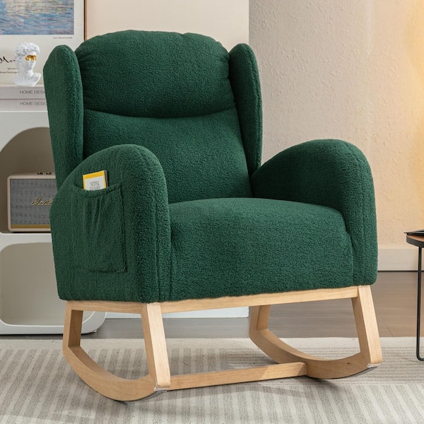 38 in. Green Teddy Fabric Rocking Chair with Wood Legs, Modern Tufted Back for Living Room and Bedroom