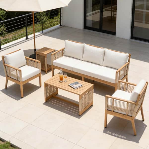 5-Piece Teak Acacia Wood Outdoor Sectional Set with Beige Cushions