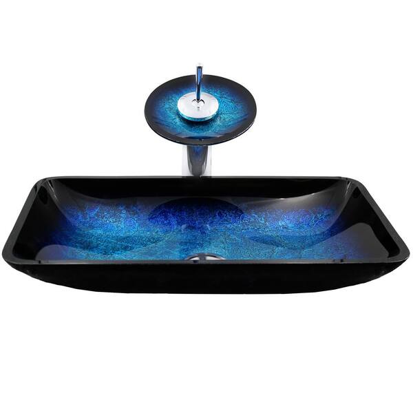 Novatto Fresca Hand Painted Blue Glass Rectangle Vessel Sink with Faucet  and Drain in Chrome NSFC-G1903417003CH - The Home Depot