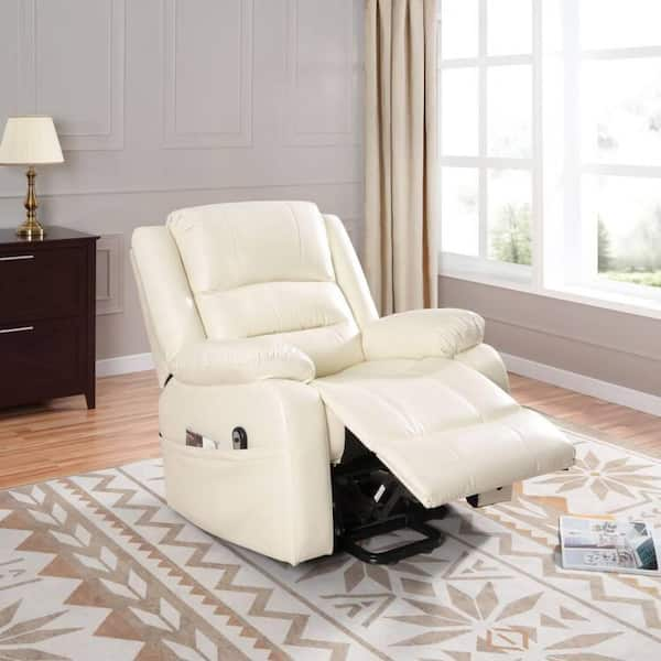 HOMESTOCK Cream Studded Air Leather Power Lift Reclining Chair