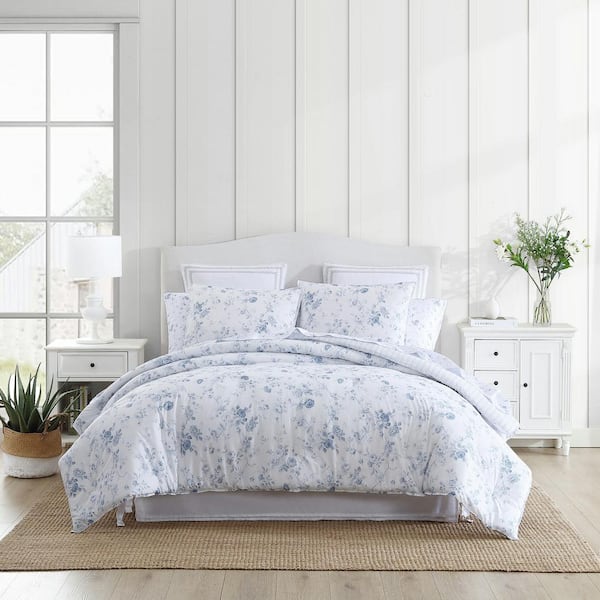 Laura Ashley Belinda 2-Piece Blue Cotton Twin Comforter Set USHSA51254455 -  The Home Depot