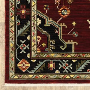 Red Black Beige and Blue 2 ft. x 6 ft. Oriental Power Loom Stain Resistant Fringe with Runner Rug