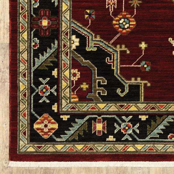 HomeRoots Red Black Beige and Blue 2 ft. x 6 ft. Oriental Power Loom Stain Resistant Fringe with Runner Rug