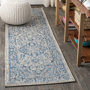 Gray/Navy 2 ft. x 8 ft. Rozetta Boho Medallion Textured Weave Indoor/Outdoor Runner Rug