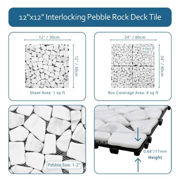 White Deck Pebble 12 in. x 12 in. Outdoor Patio Flooring Recycled Glass Interlocking Mosaic Floor Tile (4 sq. ft./Case)