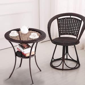 Round Rattan Wicker Outdoor Coffee Table with Lower Shelf