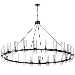 24 Lights Wagon Wheel Chandelier with Glass Shade, 59 in. Black Modern Farmhouse Chandelier for Dining Room, Entryways