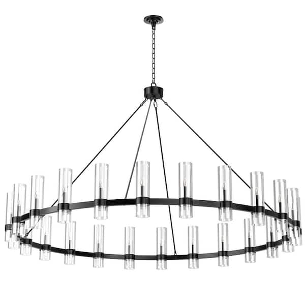 24 Lights Wagon Wheel Chandelier with Glass Shade, 59 in. Black Modern Farmhouse Chandelier for Dining Room, Entryways
