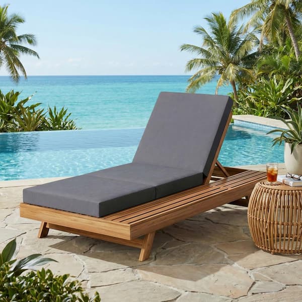Patio Wood Outdoor Chaise Lounge with Dark Gray Cushions and Adjustable Backrest
