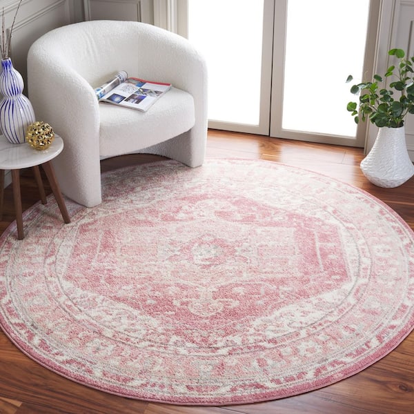 Layla 8 ft. x 8 ft. Ivory Gray/Pink Border Ornate Round Area Rug
