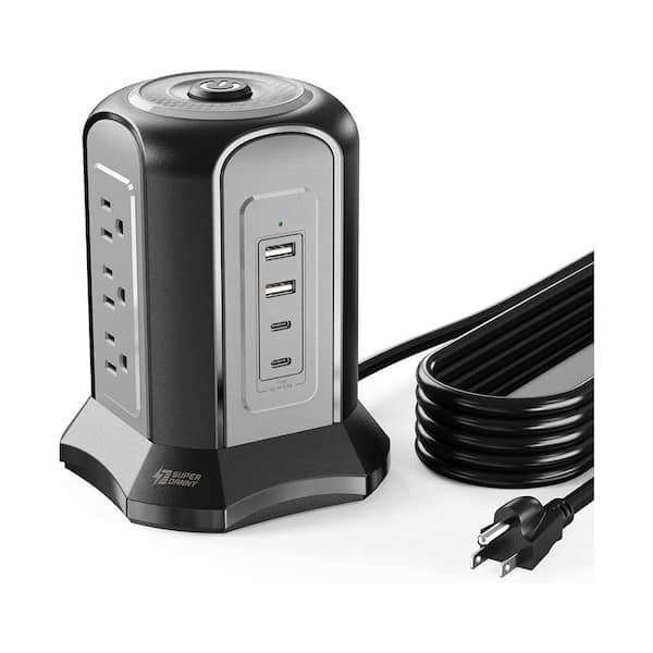 10 ft. Plug Extension Cord Power Strip Tower 9-Outlets Surge Protector in Black with 2 USB and 2 Type C Ports