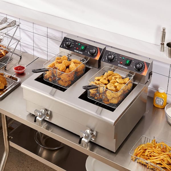 23.2 qt. in Silver Commercial Electric Deep Fryer 3000-Watt Electric Countertop Fryer with Time Control & Oil Filtration