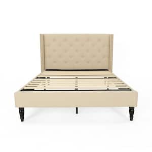 Tourmaline Traditional Queen-Size Beige Fully Upholstered Bed Frame with Button Tufting and Nailhead Accents