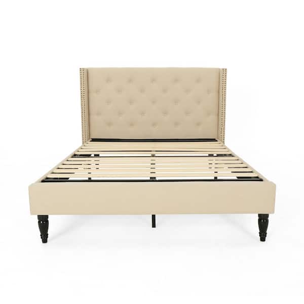 Noble House Tourmaline Traditional Queen-Size Beige Fully Upholstered Bed Frame with Button Tufting and Nailhead Accents