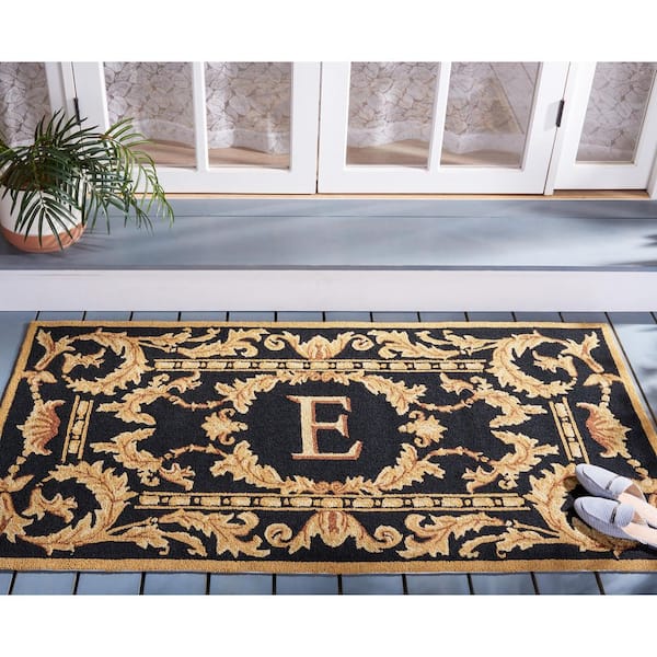 Monogram Black 3 ft. x 6 ft. "E" Ornate Leaf Indoor/Outdoor Area Rug